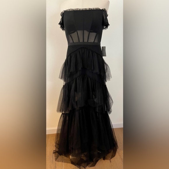 Betsy & Adam | Jasmine Long Spaghetti Strap | Mesh Corset Blk Gown | Women’s 10 - Picture 2 of 5